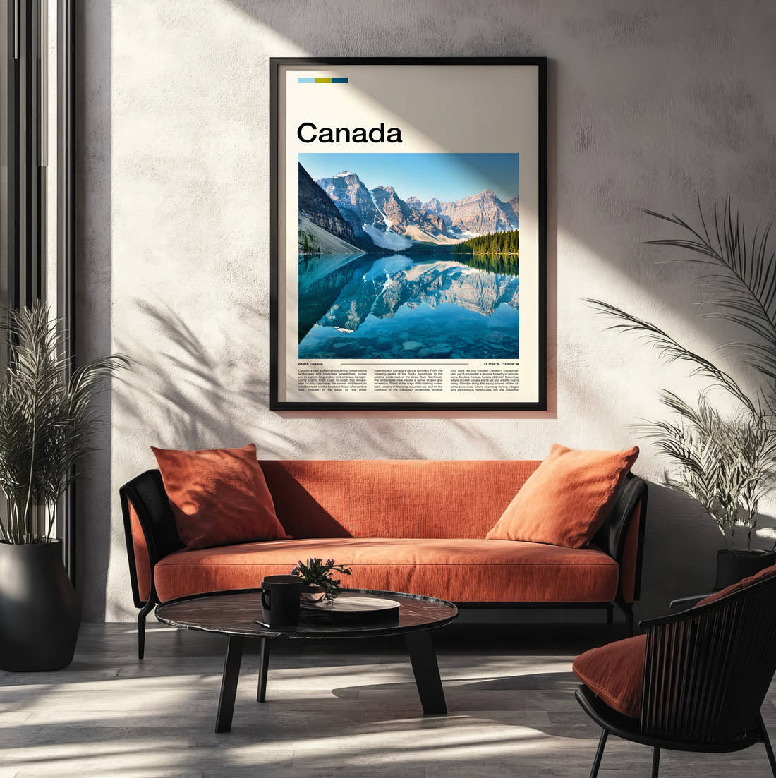 Canada Turquoise Lake Reflection Travel Print framed on the wall of a modern living room