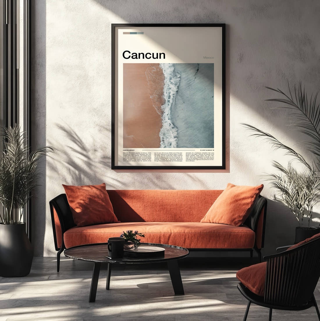 Cancun Aerial View Of Beach Travel Print framed on the wall of a modern living room