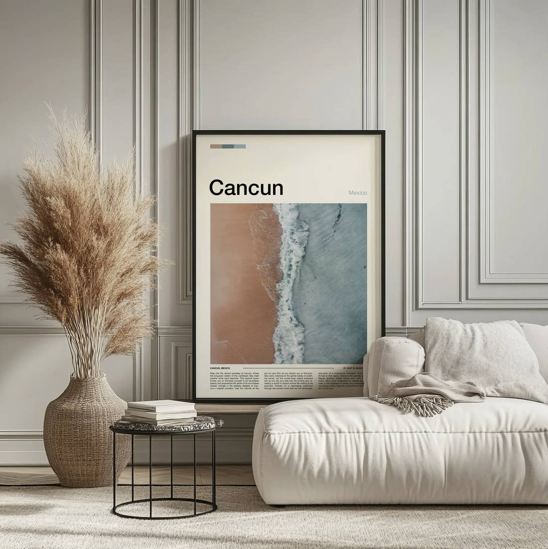 Cancun Aerial View Of Beach Travel Print framed on the wall of a calm, neutral bedroom