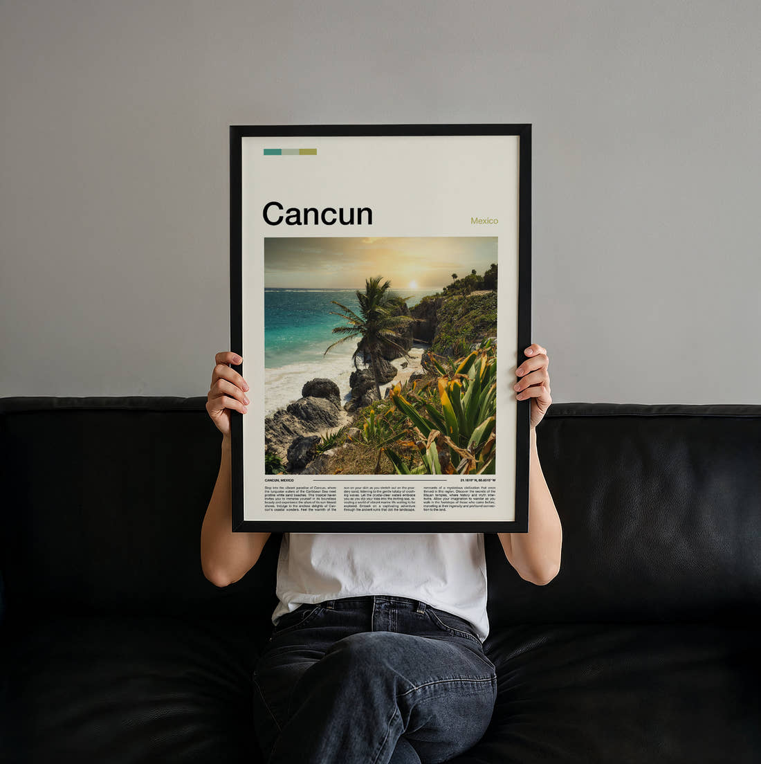 Cancun Palm Trees On Rocky Coast Travel Print held up by hand to show the size of the print
