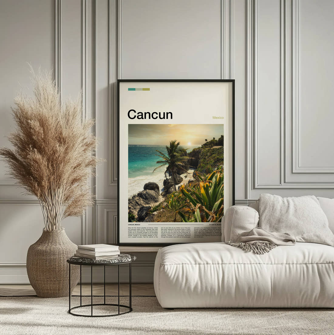 Cancun Palm Trees On Rocky Coast Travel Print framed on the wall of a calm, neutral bedroom