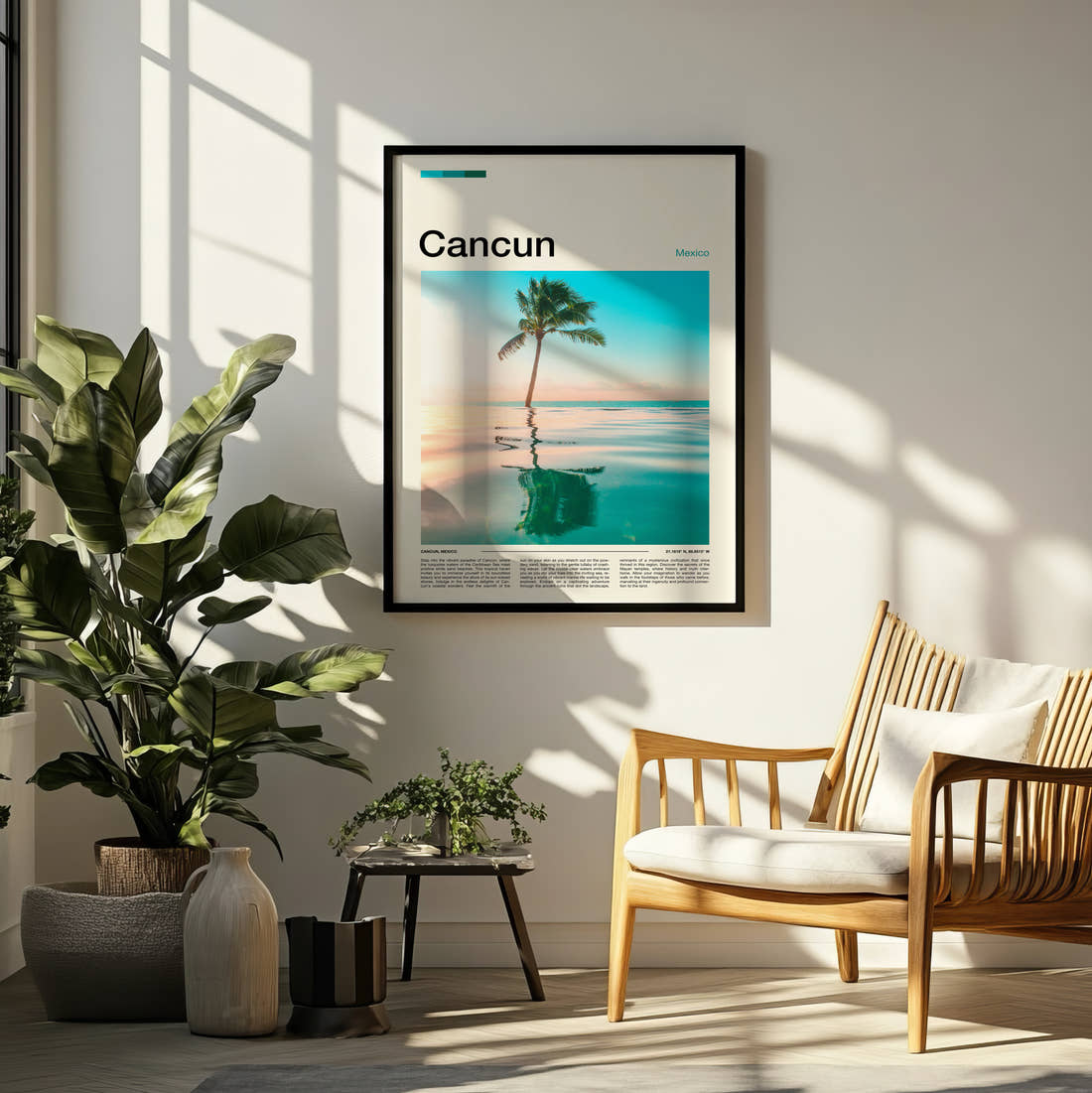 Cancun Palm Tree Reflection Travel Print framed on a pale wall beside houseplants