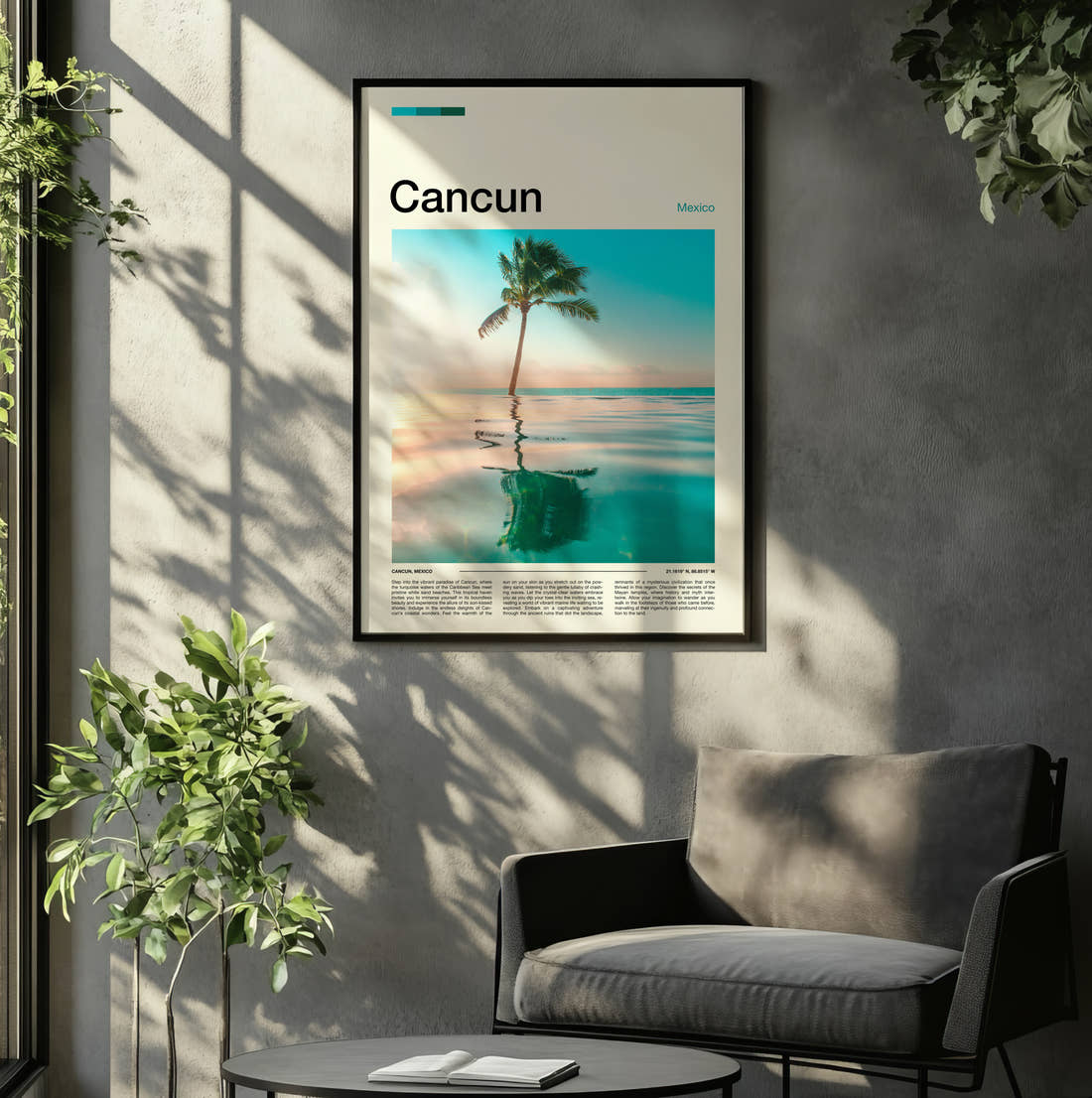 Cancun Palm Tree Reflection Travel Print framed on the wall of a relaxed living room