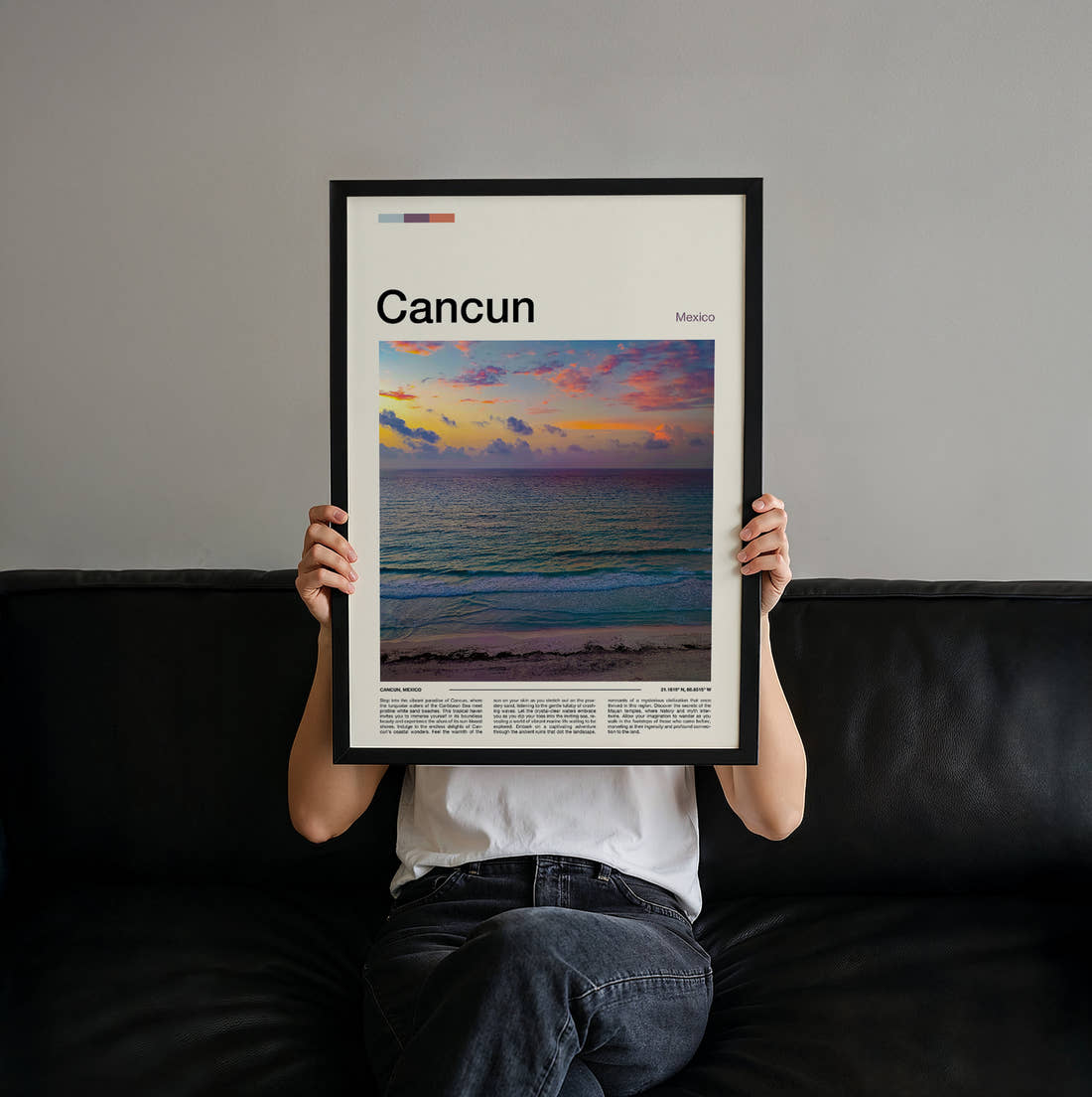 Cancun Purple Sunset Over The Sea Travel Print held up by hand to show the size of the print