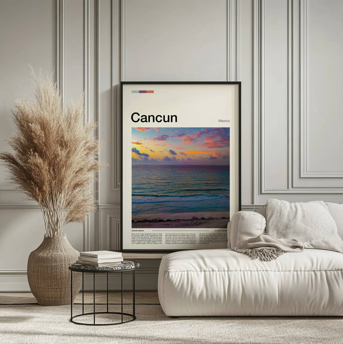 Cancun Purple Sunset Over The Sea Travel Print framed on the wall of a calm, neutral bedroom