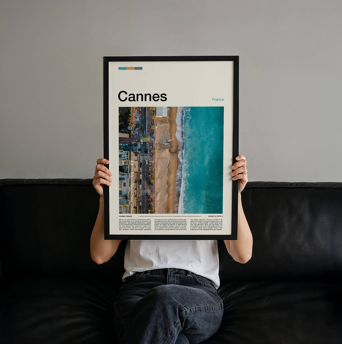 Cannes Aerial View Of Coastline Travel Print held up by hand to show the size of the print