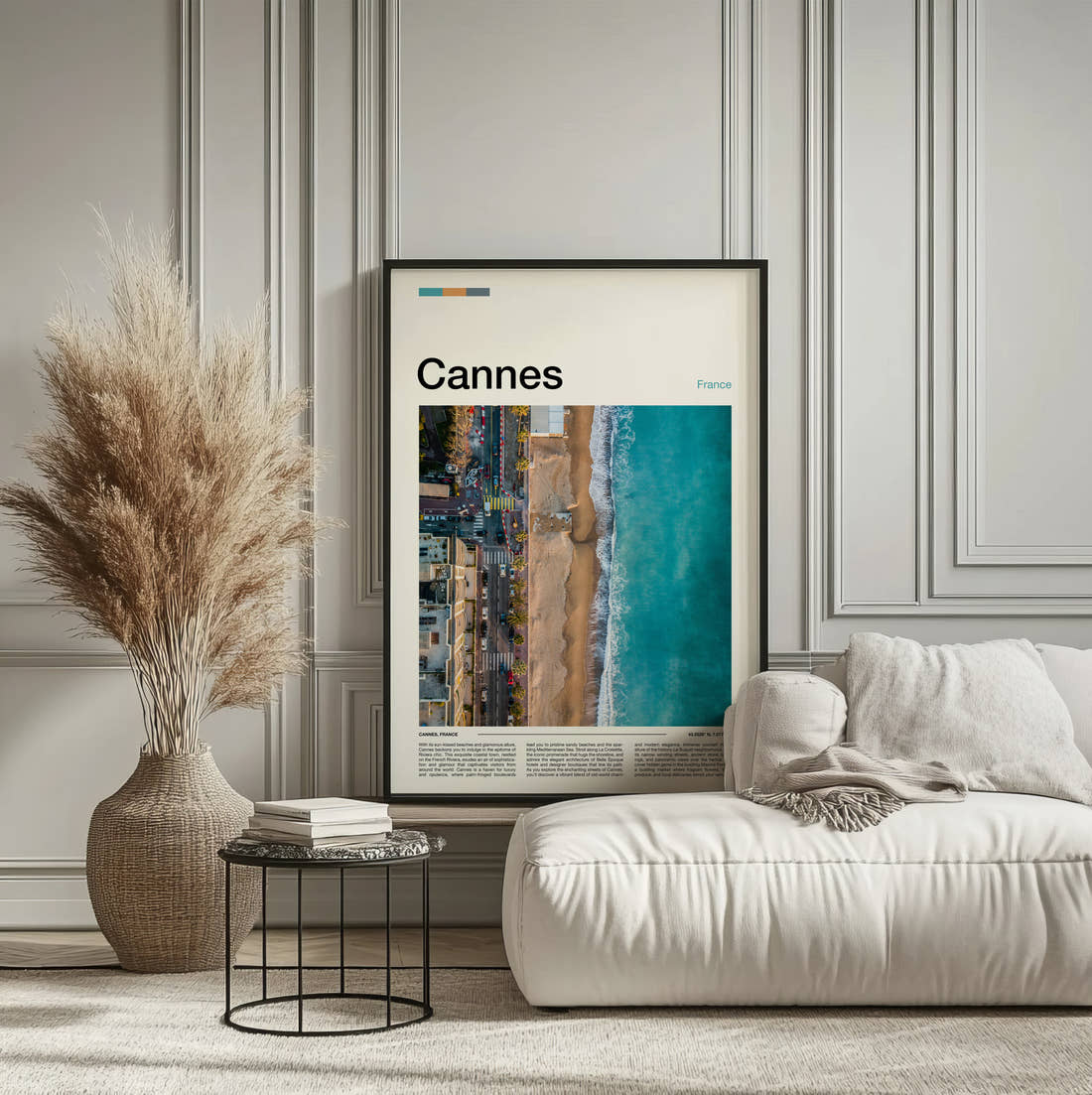 Cannes Aerial View Of Coastline Travel Print framed on the wall of a calm, neutral bedroom