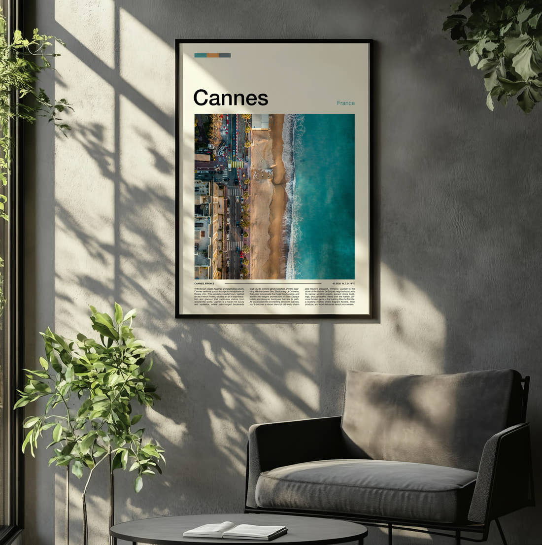 Cannes Aerial View Of Coastline Travel Print framed on the wall of a relaxed living room