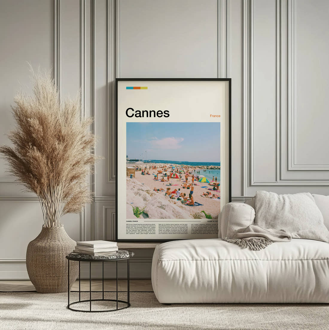 Cannes Crowded Beach Travel Print framed on the wall of a calm, neutral bedroom