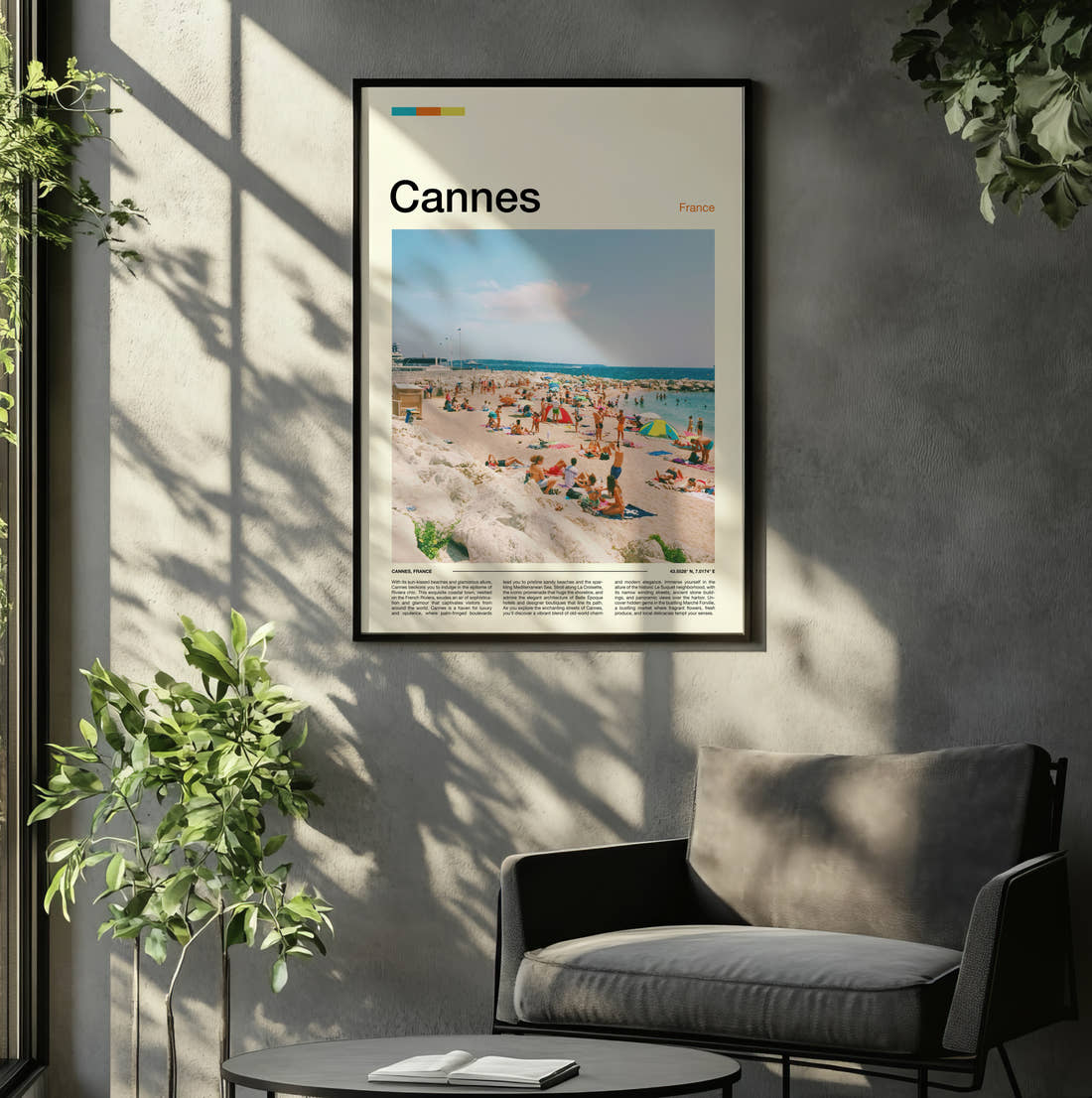 Cannes Crowded Beach Travel Print framed on the wall of a relaxed living room