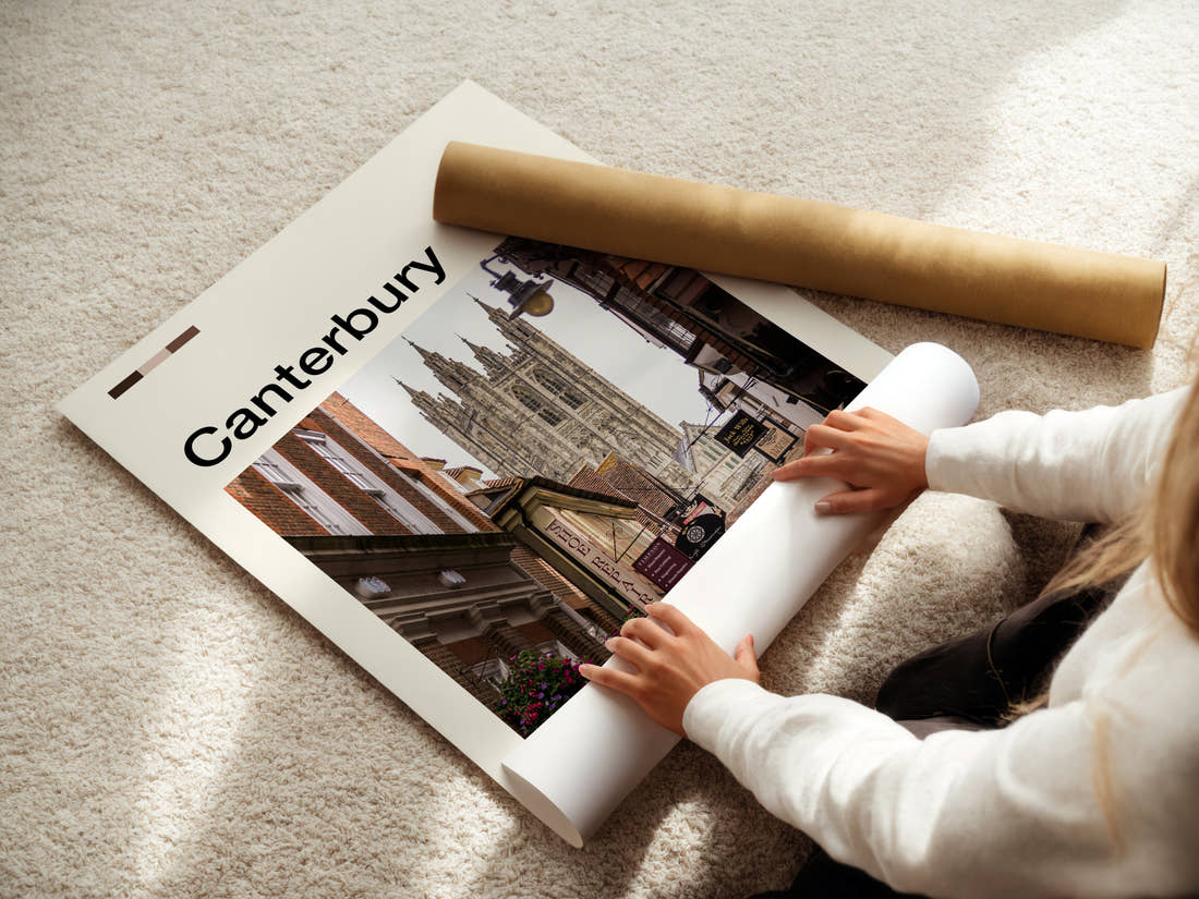 Canterbury Cathedral Street View Travel Print being unrolled from its postal tube
