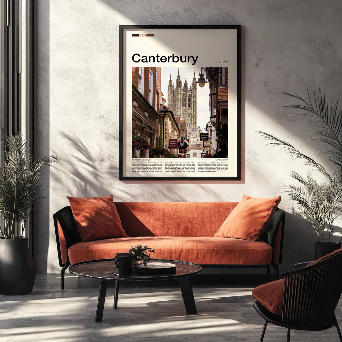 Canterbury Cathedral Street View Travel Print framed on the wall of a modern living room