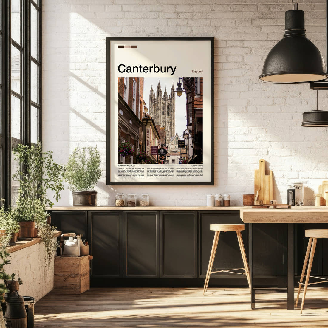 Canterbury Cathedral Street View Travel Print framed on the wall of a bright kitchen and dining space