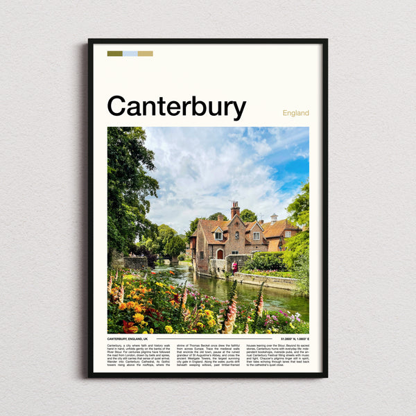 Canterbury Riverside Cottages And Blooms Travel Print framed and photographed straight on
