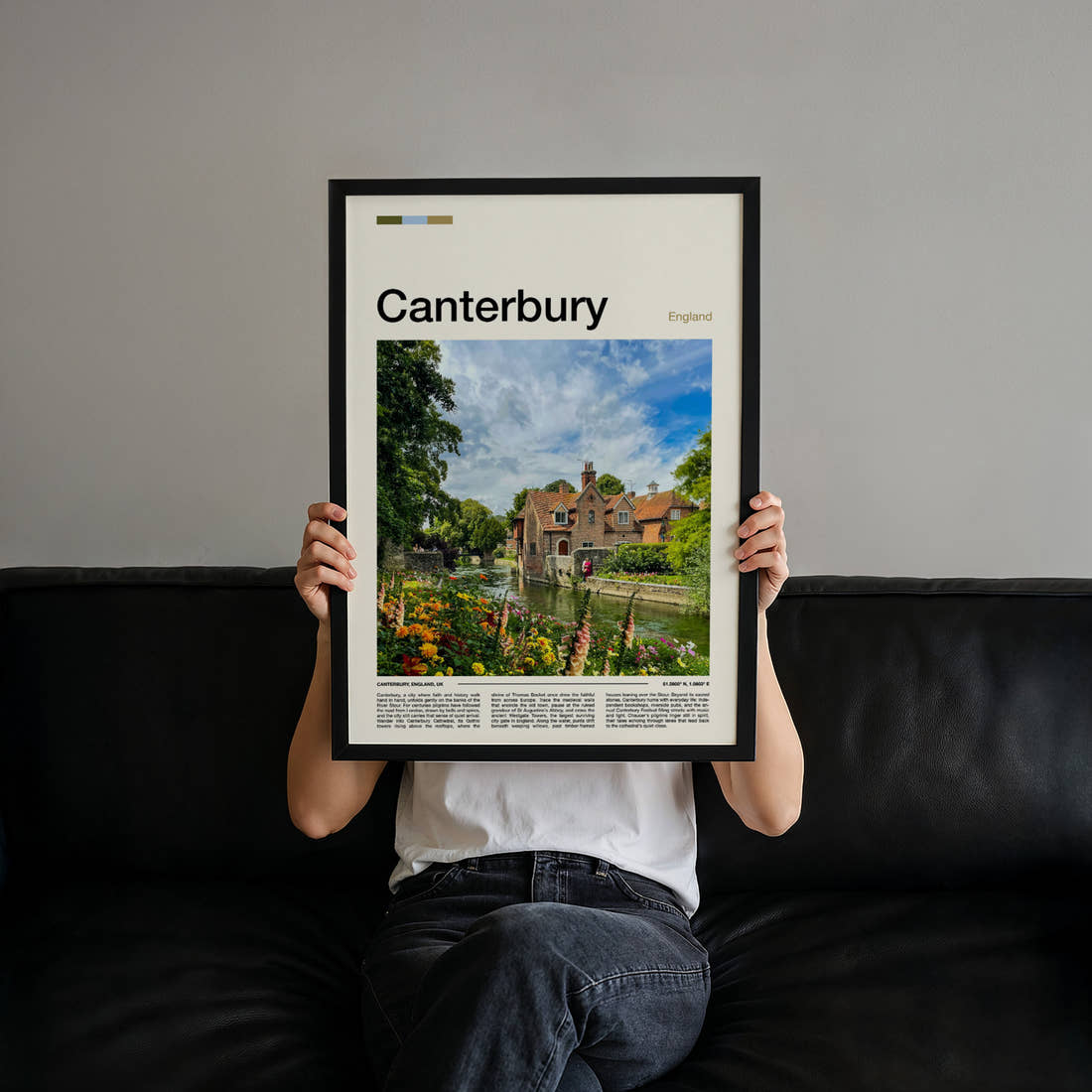 Canterbury Riverside Cottages And Blooms Travel Print held up by hand to show the size of the print