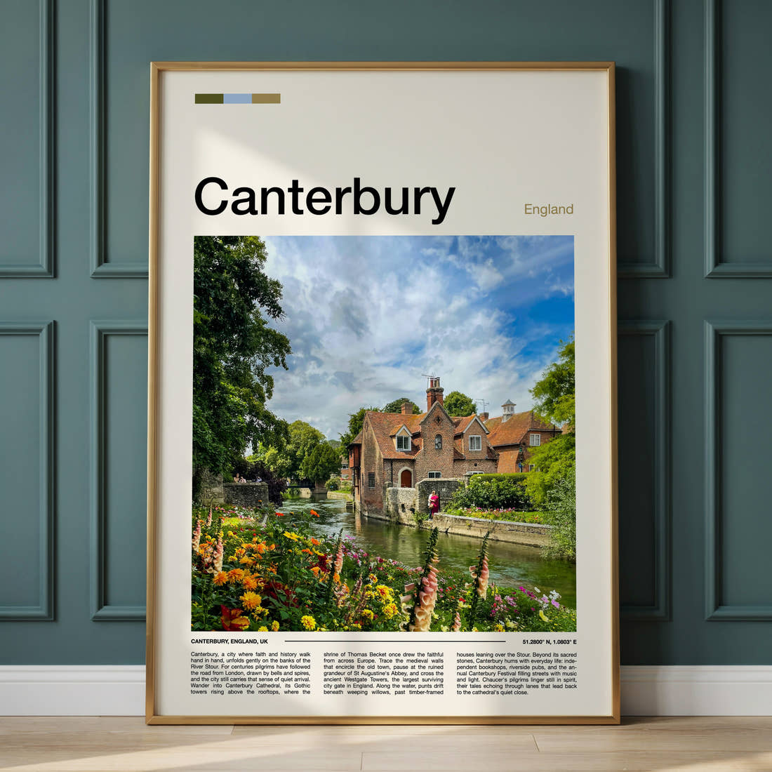 Canterbury Riverside Cottages And Blooms Travel Print framed on the wall of a calm, neutral bedroom