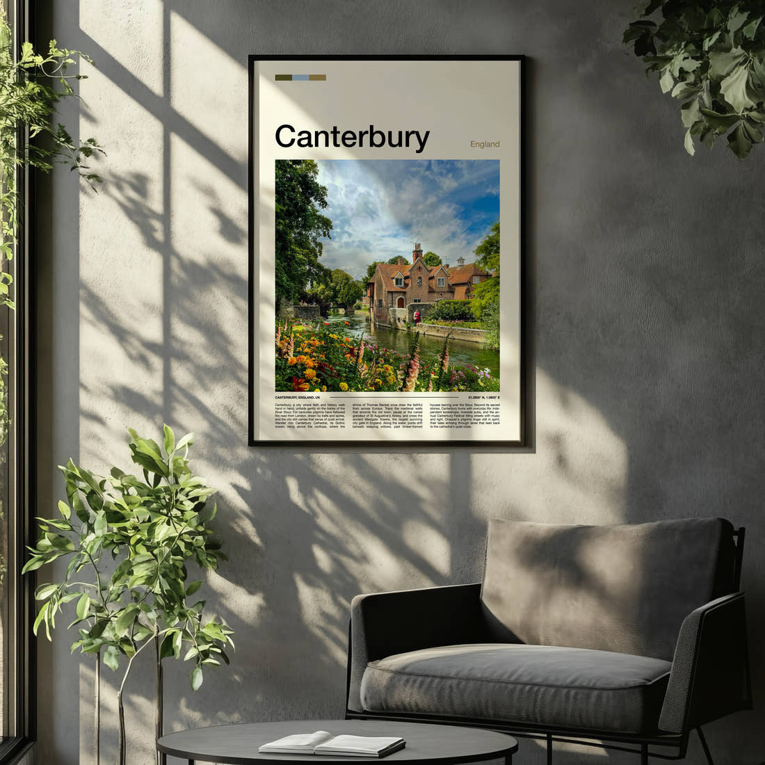 Canterbury Riverside Cottages And Blooms Travel Print framed on the wall of a relaxed living room
