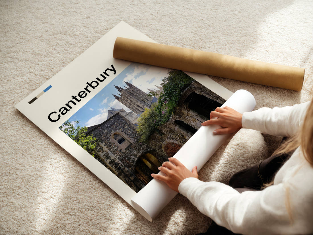 Canterbury Gothic Tower And Ruins Travel Print being unrolled from its postal tube