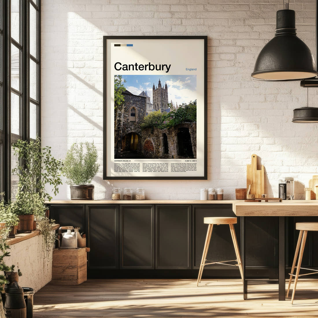 Canterbury Gothic Tower And Ruins Travel Print framed on the wall of a bright kitchen and dining space