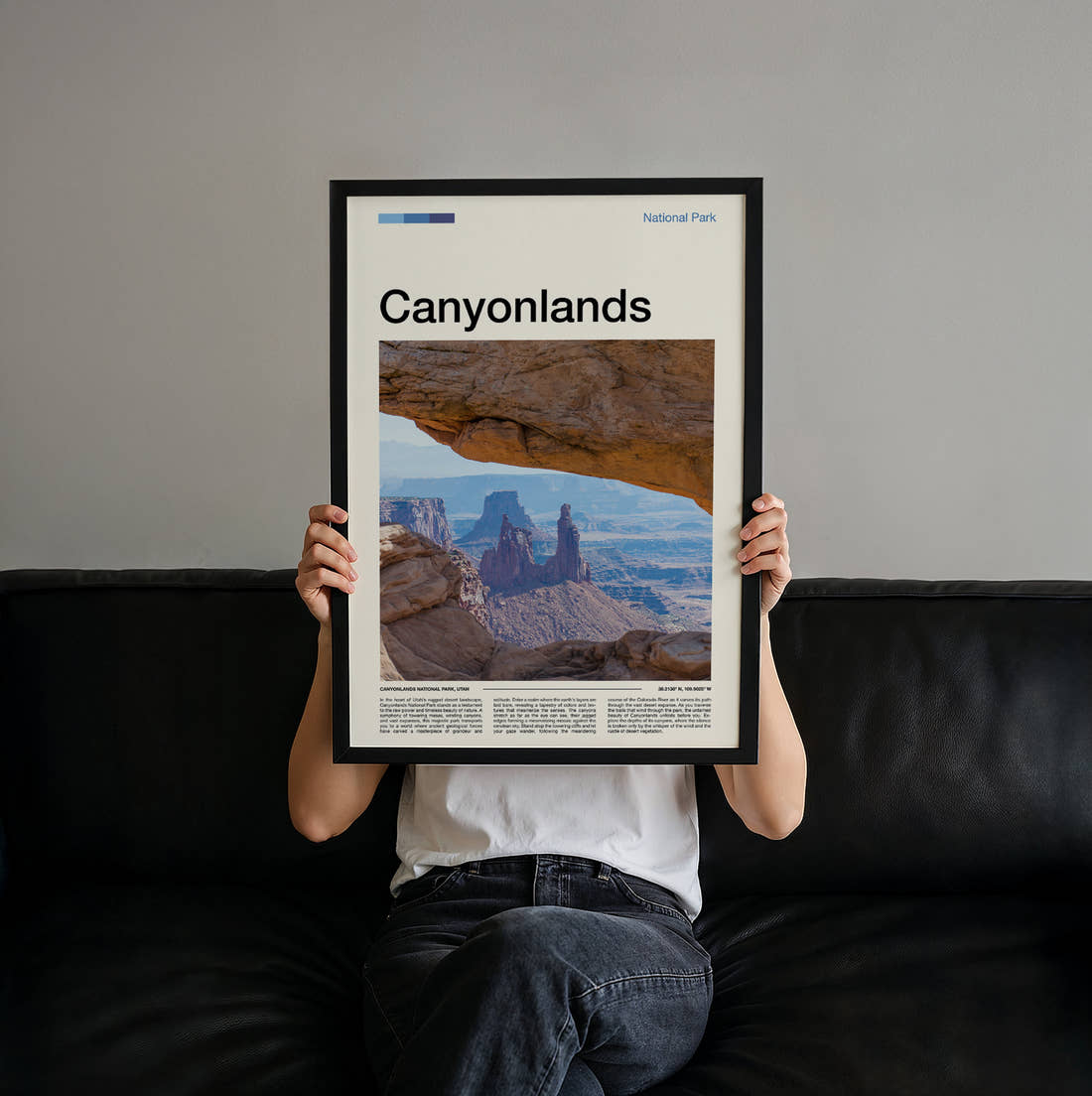 Canyonlands Mesa Arch Canyon View Travel Print held up by hand to show the size of the print