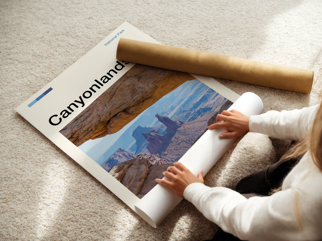 Canyonlands Mesa Arch Canyon View Travel Print being unrolled from its postal tube