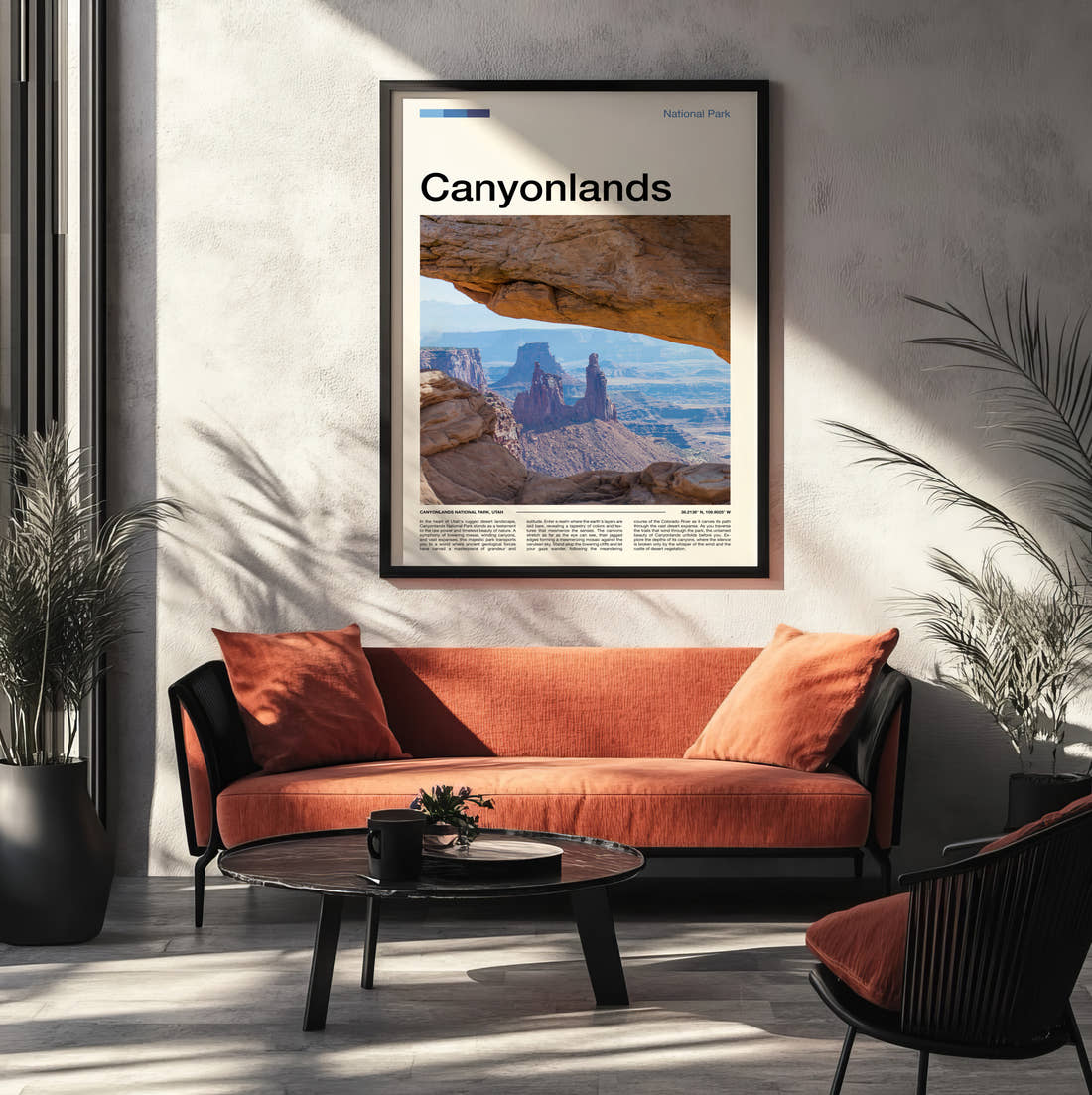 Canyonlands Mesa Arch Canyon View Travel Print framed on the wall of a modern living room