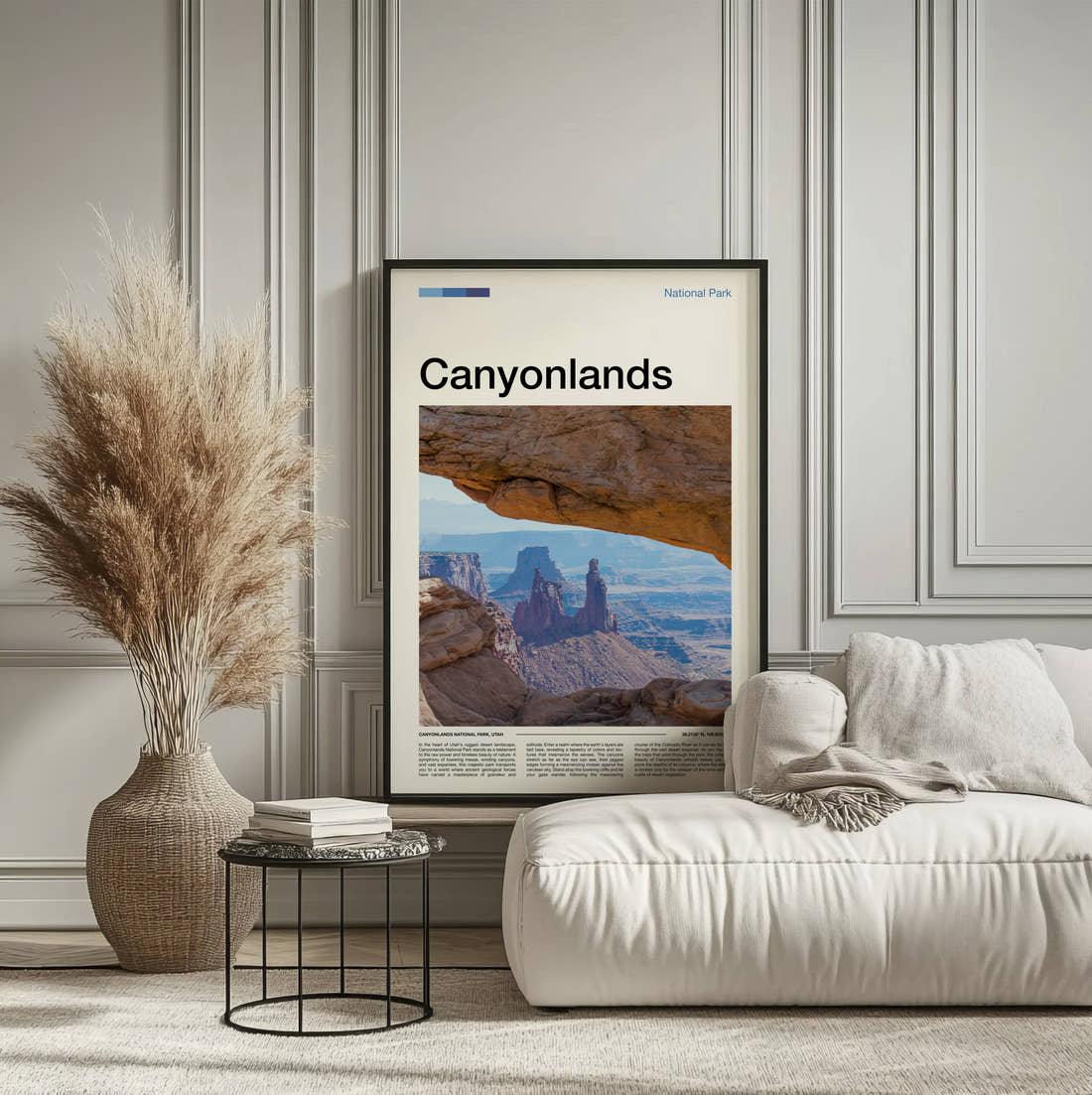Canyonlands Mesa Arch Canyon View Travel Print framed on the wall of a calm, neutral bedroom