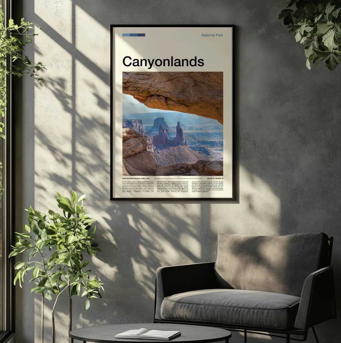 Canyonlands Mesa Arch Canyon View Travel Print framed on the wall of a relaxed living room