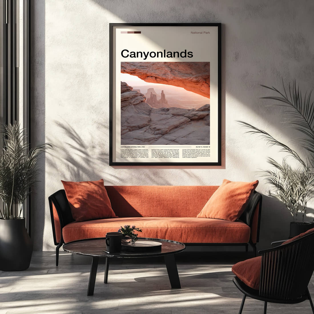 Canyonlands Mesa Arch At Sunrise Travel Print framed on the wall of a modern living room