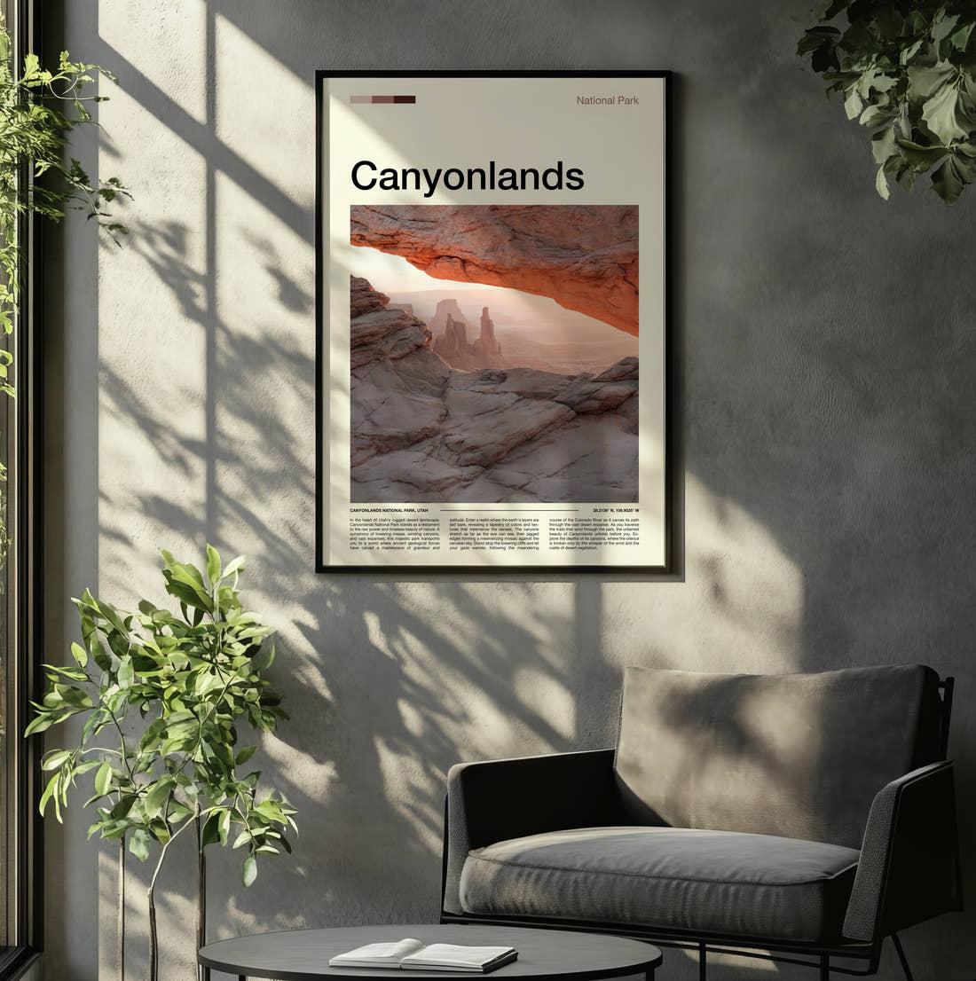 Canyonlands Mesa Arch At Sunrise Travel Print framed on the wall of a relaxed living room
