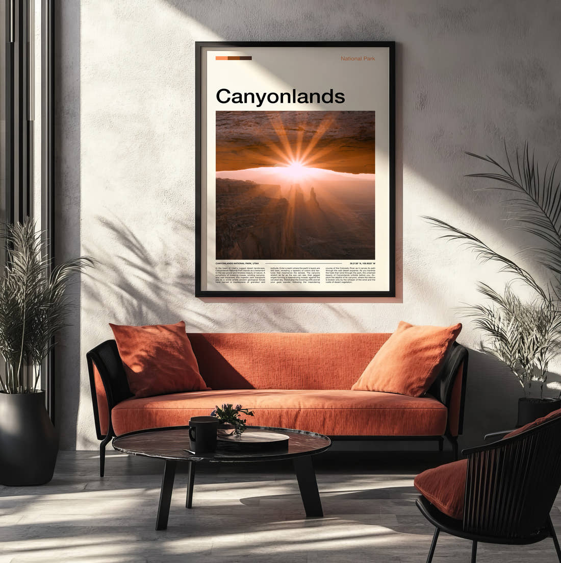 Canyonlands Sunrise Through The Arch Travel Print framed on the wall of a modern living room
