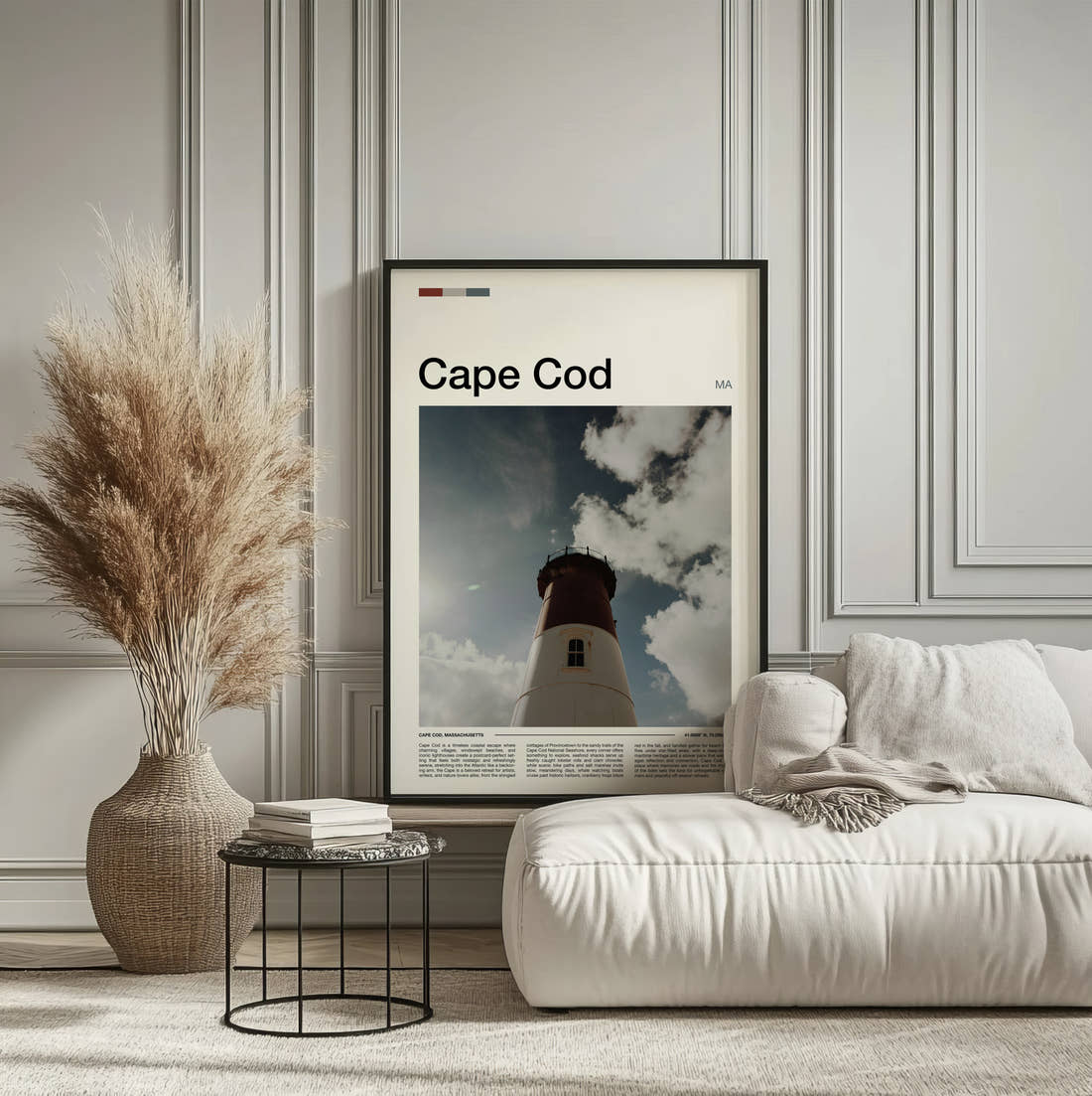 Cape Cod Lighthouse Travel Print framed on the wall of a calm, neutral bedroom