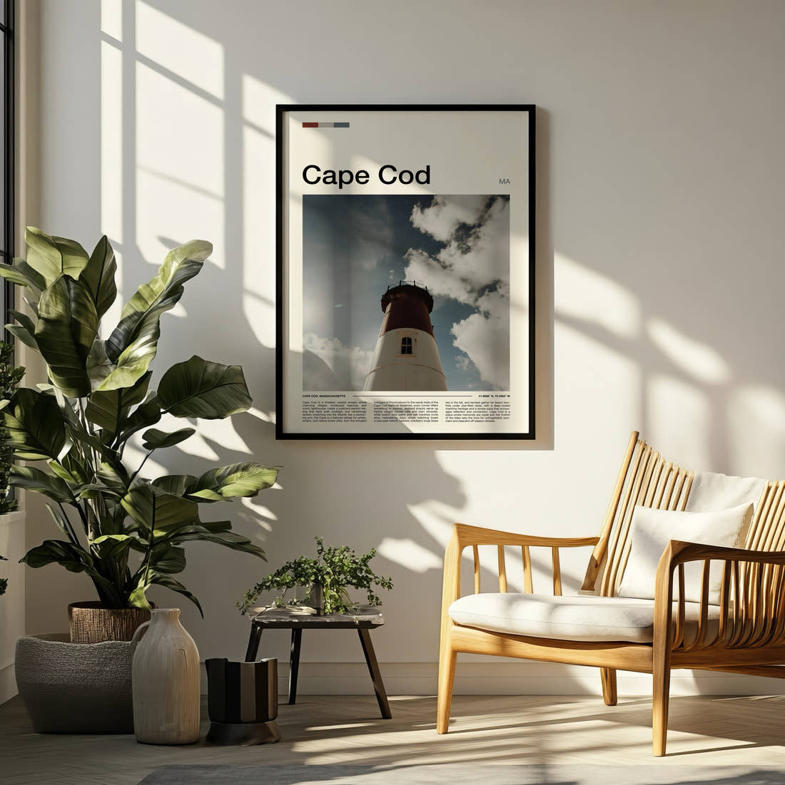 Cape Cod Lighthouse Travel Print framed on a pale wall beside houseplants