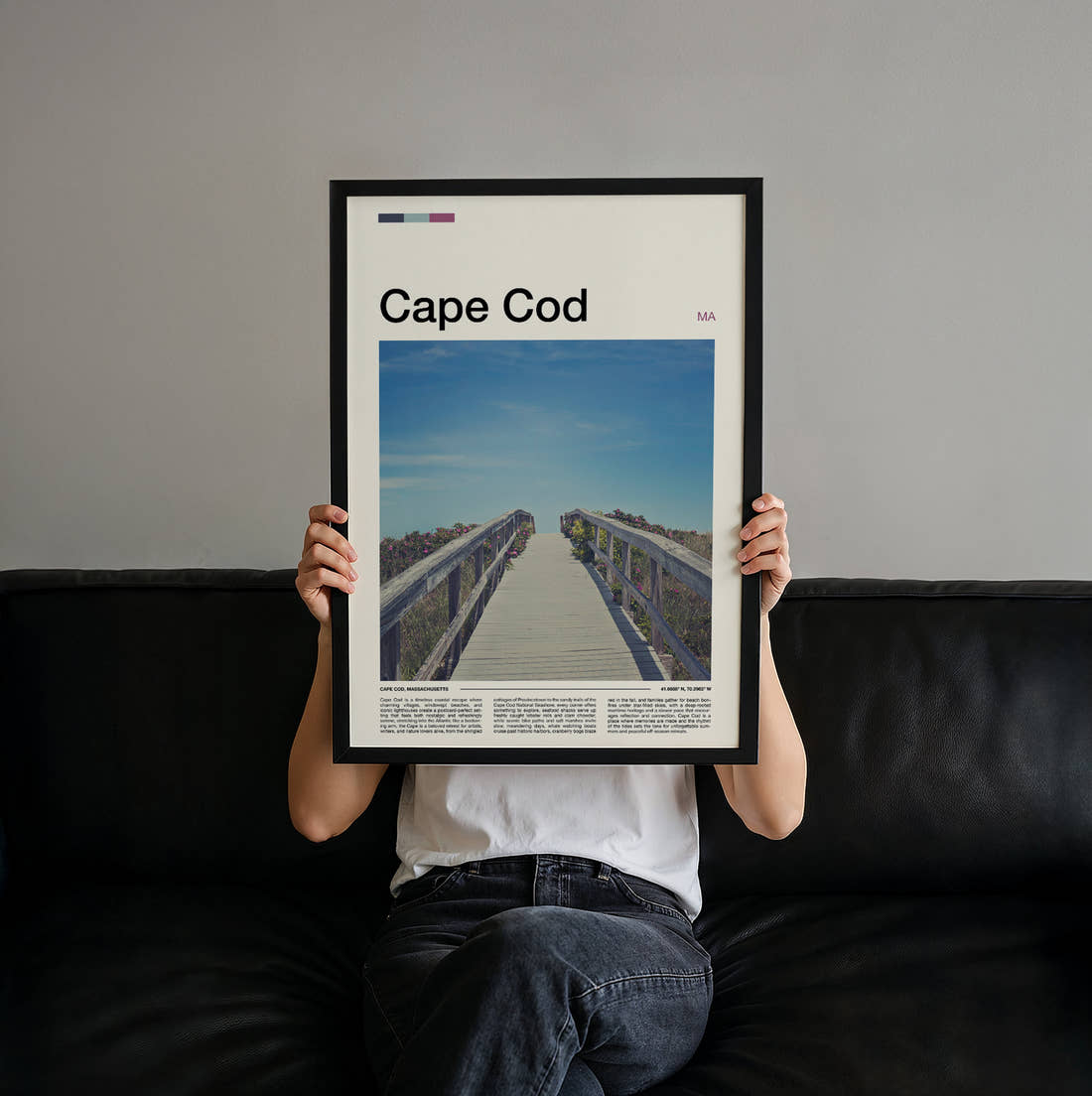 Cape Cod Boardwalk To The Beach Travel Print held up by hand to show the size of the print