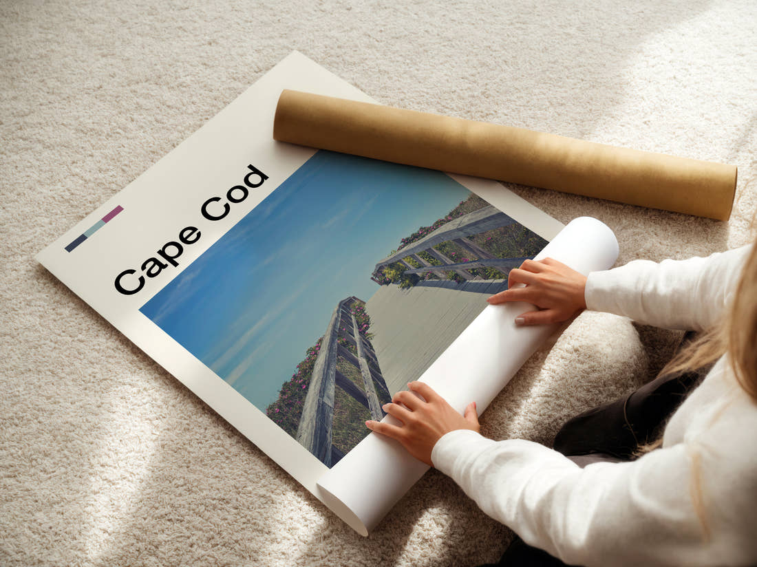 Cape Cod Boardwalk To The Beach Travel Print being unrolled from its postal tube