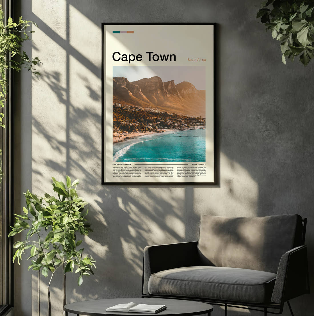 Cape Town Twelve Apostles Travel Print framed on the wall of a relaxed living room