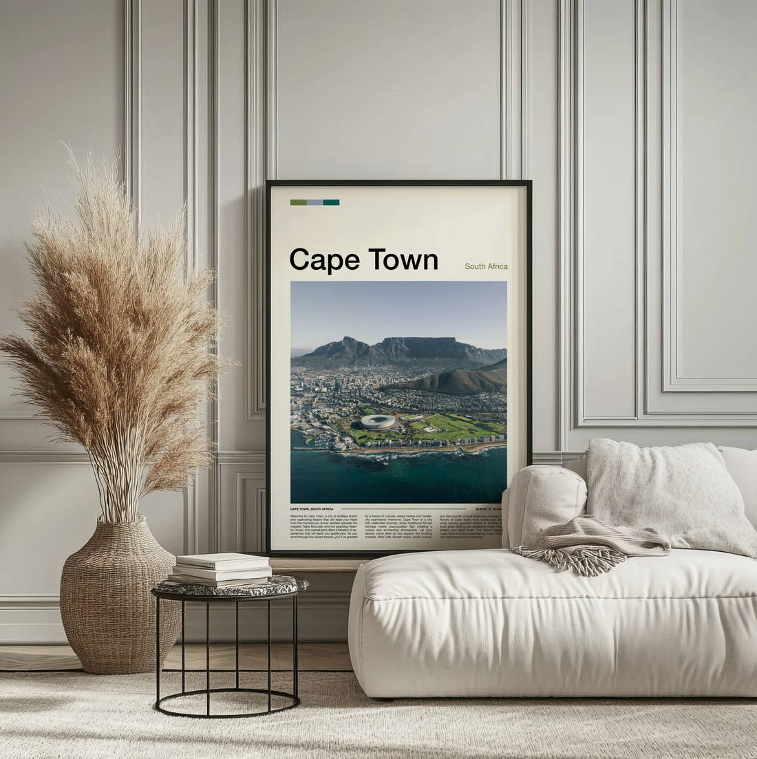 Cape Town Table Mountain Travel Print framed on the wall of a calm, neutral bedroom