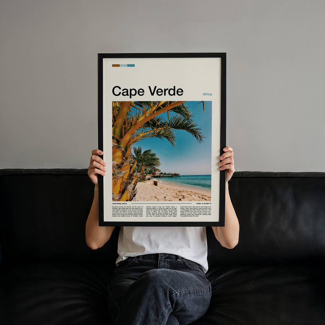 Cape Verde Palm-Fringed Beach Travel Print held up by hand to show the size of the print