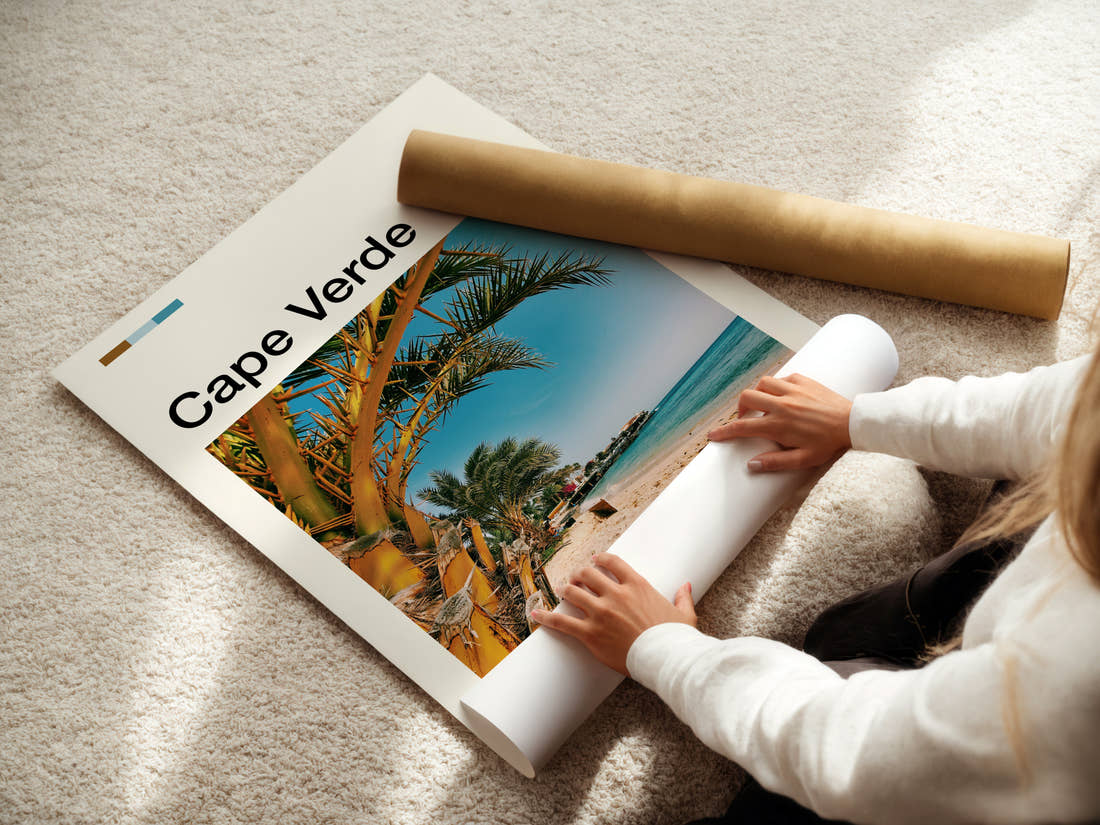 Cape Verde Palm-Fringed Beach Travel Print being unrolled from its postal tube