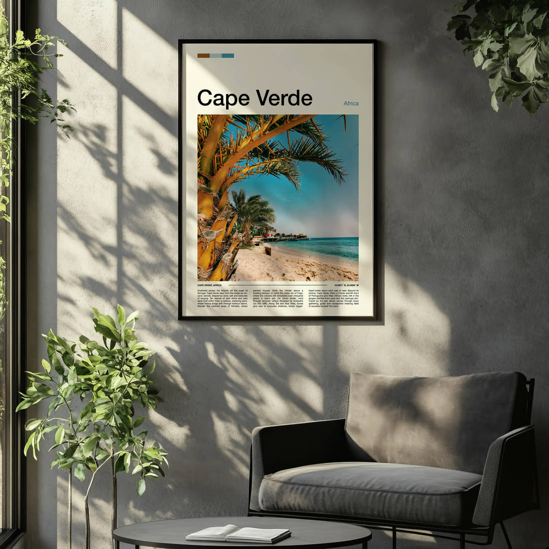 Cape Verde Palm-Fringed Beach Travel Print framed on the wall of a relaxed living room