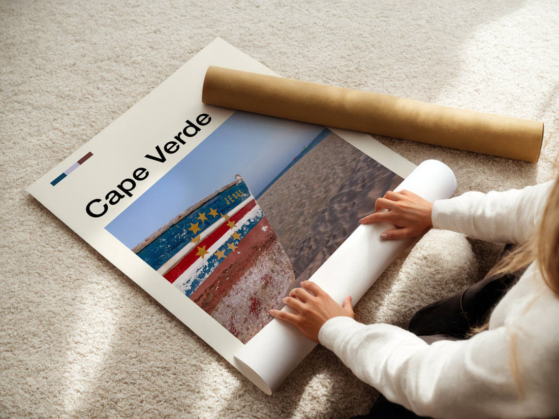 Cape Verde Weathered Fishing Boat Travel Print being unrolled from its postal tube