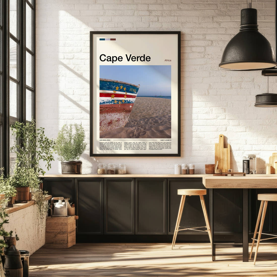 Cape Verde Weathered Fishing Boat Travel Print framed on the wall of a bright kitchen and dining space