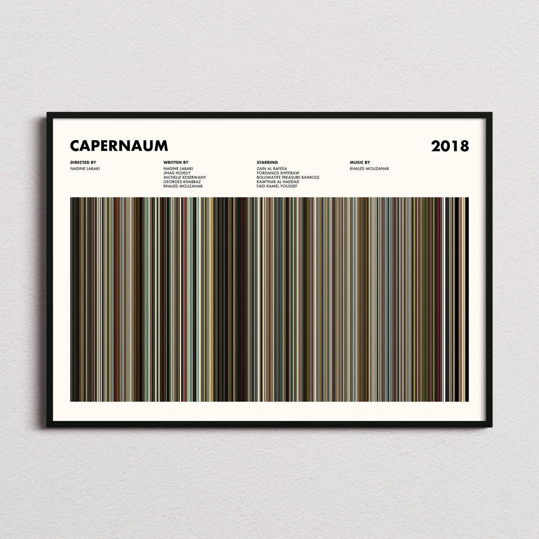 Capernaum Movie Barcode Poster framed and photographed straight on