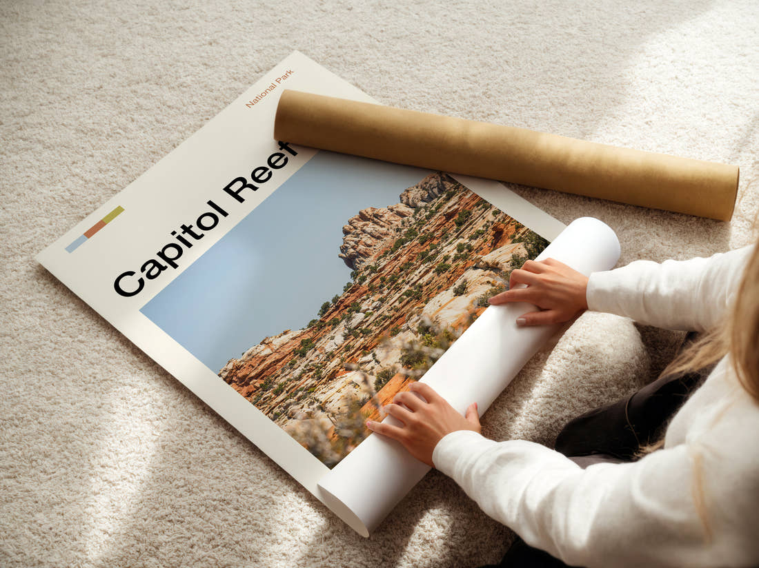 Capitol Reef Sandstone Rock Formations Travel Print being unrolled from its postal tube
