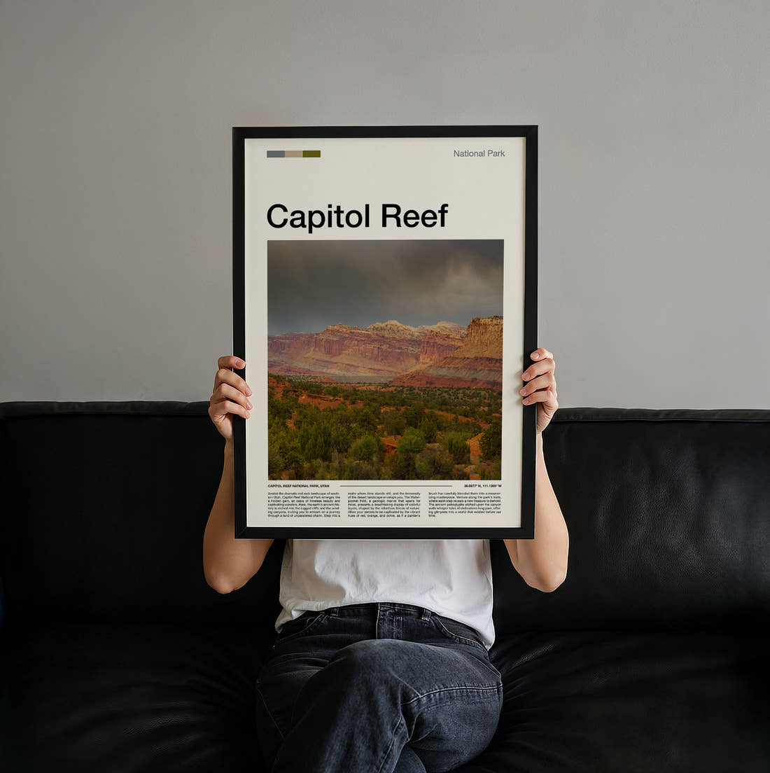 Capitol Reef Red Rock Cliffs Travel Print held up by hand to show the size of the print