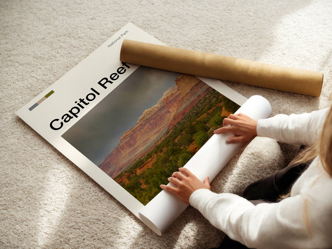 Capitol Reef Red Rock Cliffs Travel Print being unrolled from its postal tube
