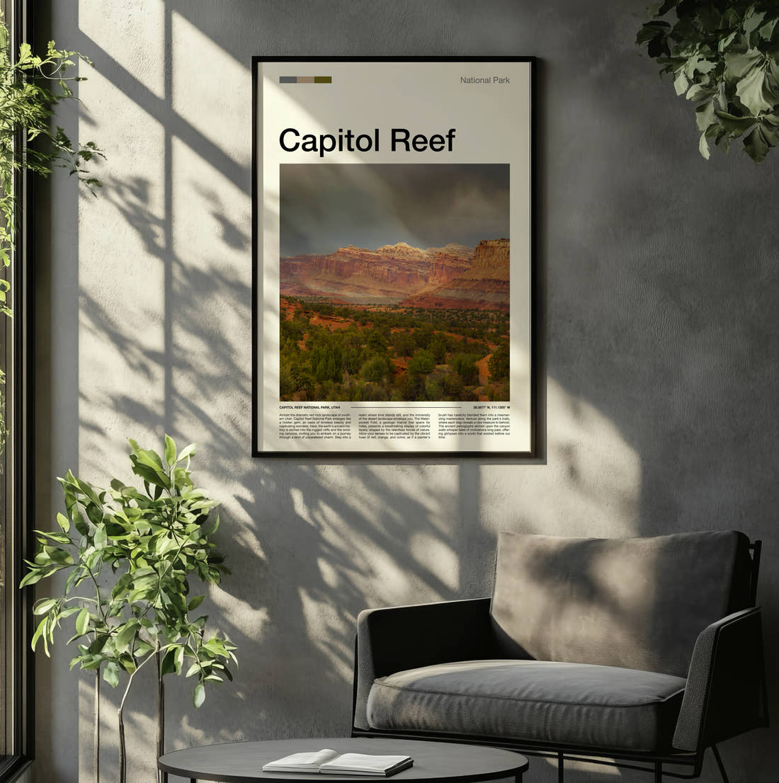 Capitol Reef Red Rock Cliffs Travel Print framed on the wall of a relaxed living room