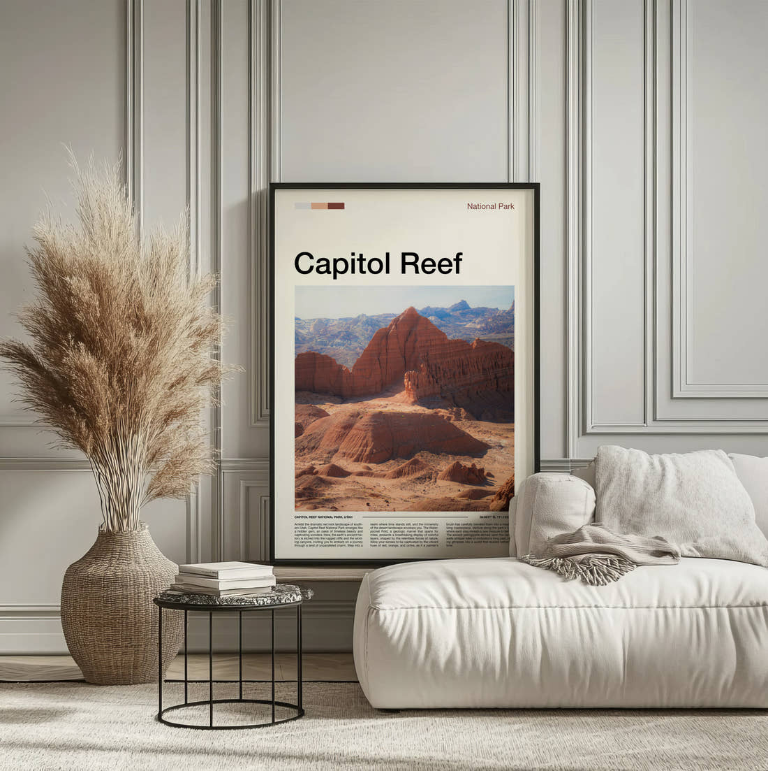 Capitol Reef Eroded Red Cliffs Travel Print framed on the wall of a calm, neutral bedroom