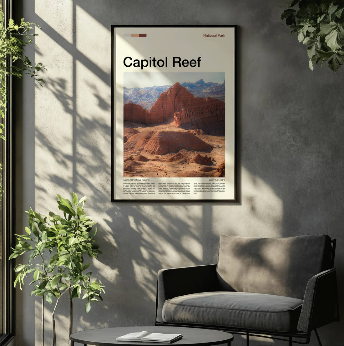 Capitol Reef Eroded Red Cliffs Travel Print framed on the wall of a relaxed living room