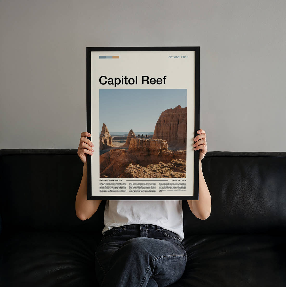 Capitol Reef Sandstone Rock Formation Travel Print held up by hand to show the size of the print